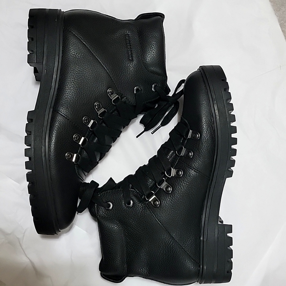 New Cougar Nash Boots Leather Hiking Weatherproof Black Lace Pebbled Lug Sole - Picture 2 of 5